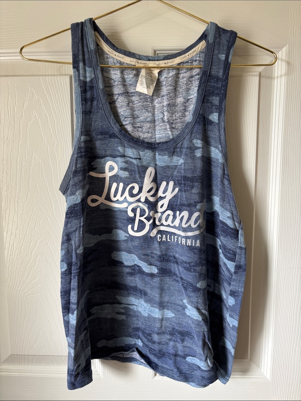 Lucky Brand Blue Camo Tank Top Women’s Small Logo Graphic Sleeveless Shirt